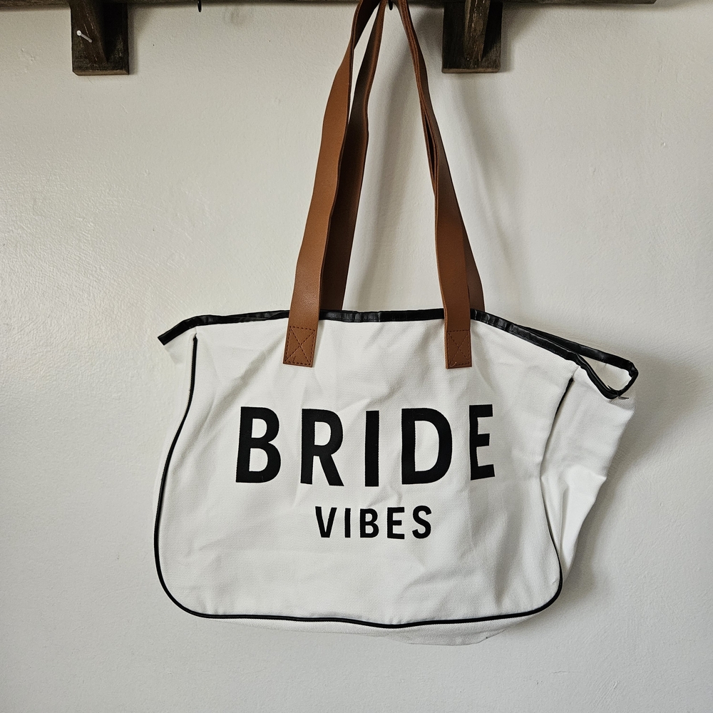 White and Brown Tote Bag with 'Bride Vibes'